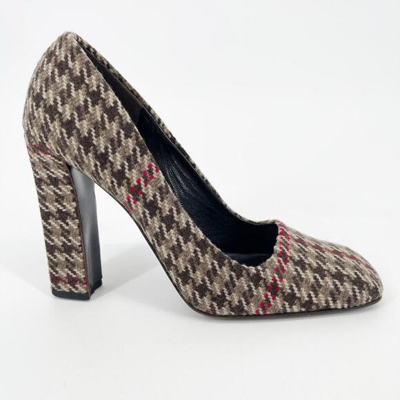Prada Vintage IT 37 Brown Wool Houndstooth Square Toe Chunky Block Heel Pumps - Picture 2 of 11